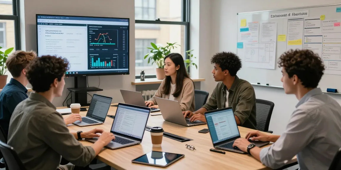Team collaborating in a modern office on outsourced IT services London, displaying data dashboards and team strategy.