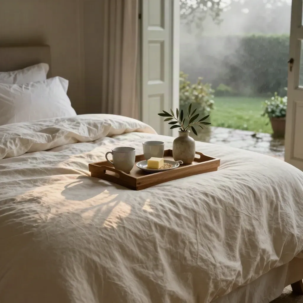 Letto king con vassoio colazione, ramoscello d’olivo e luce dell’alba in villa