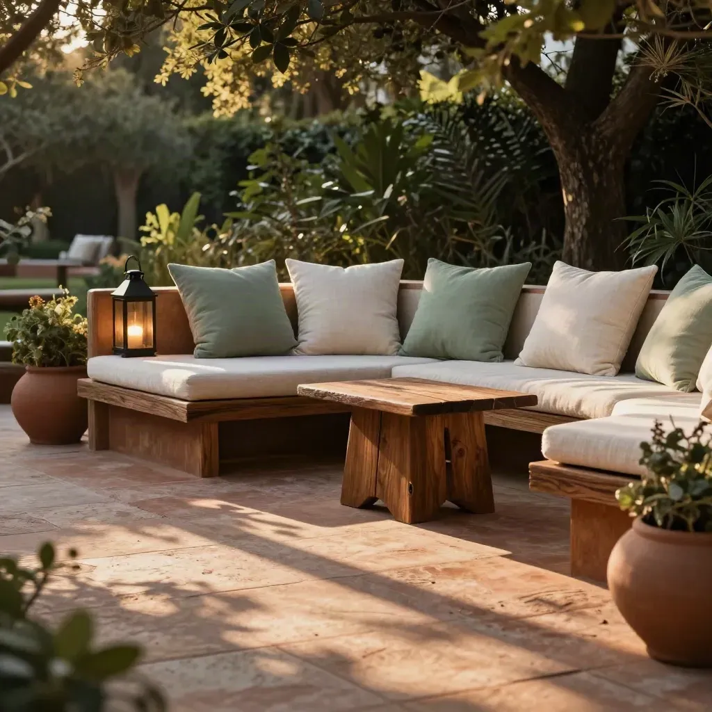 Angolo lounge in giardino al tramonto con cuscini salvia, lanterna bassa e tavolo in legno