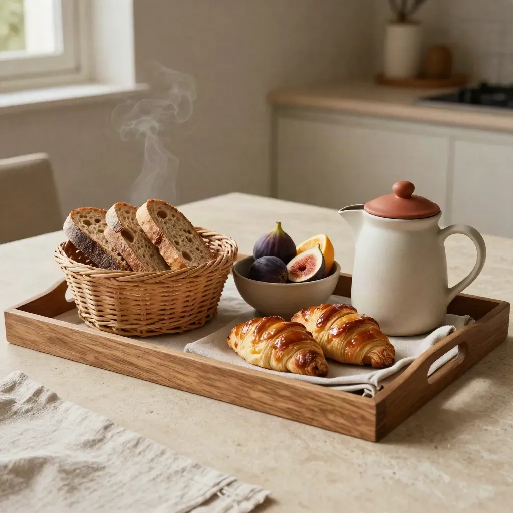 Vassoio della colazione in villa con pane, frutta, dolci e caffè fumante.