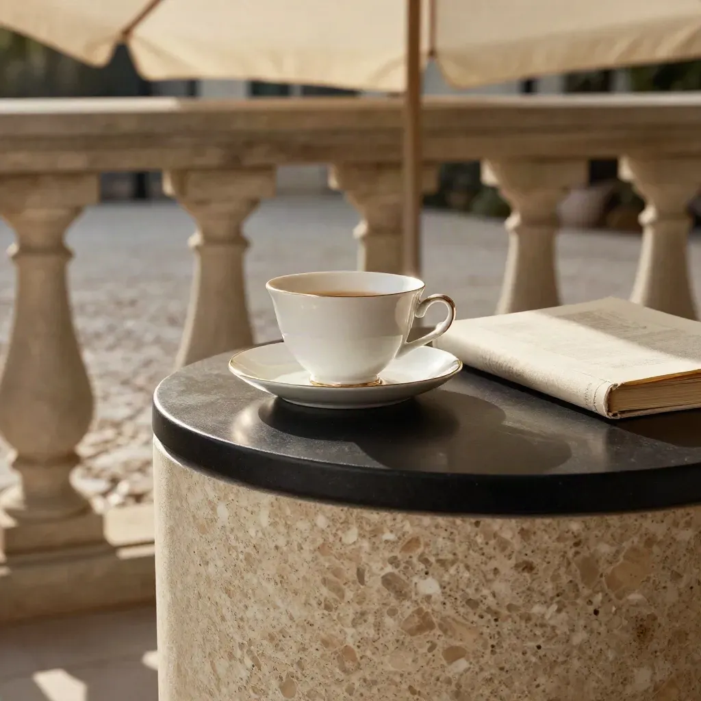 Tavolino da terrazza con tazza di tè, libro in lino e balaustra in pietra, in ombra pomeridiana.