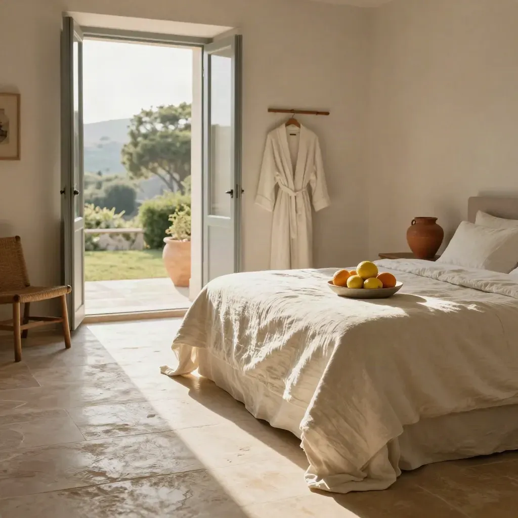 Suite di villa con letto in lino, porta aperta sulla terrazza, agrumi e sedia con accappatoio.