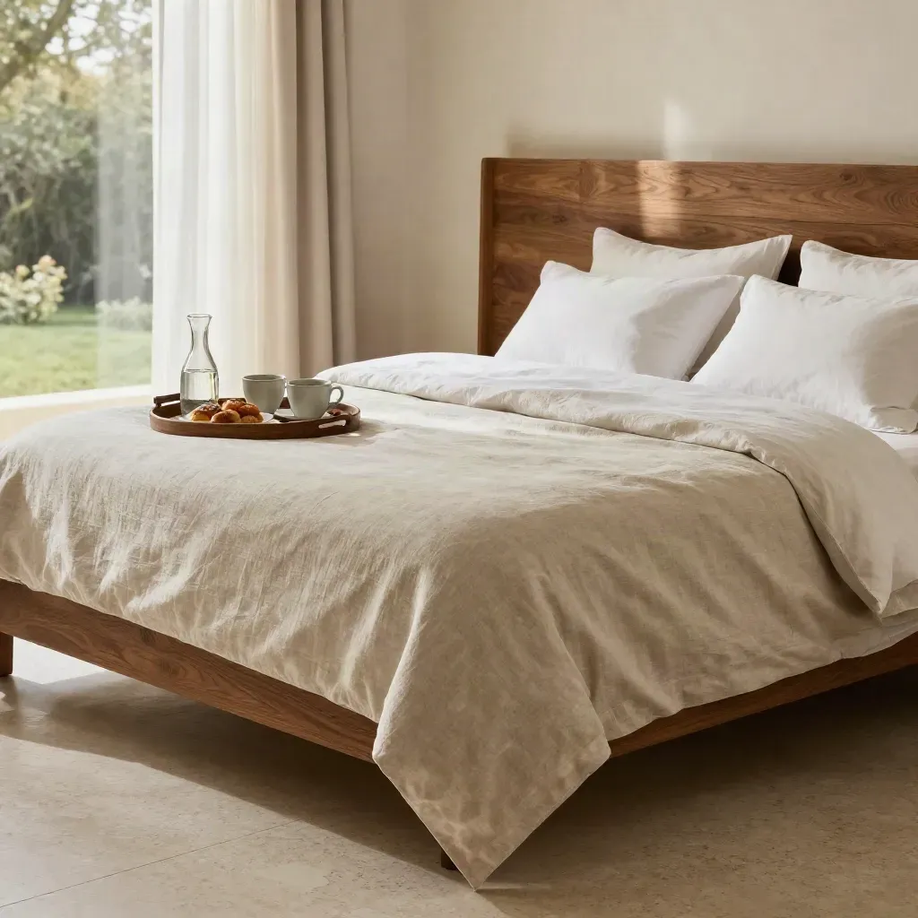 Letto Suite Ulivo con vassoio colazione, tazze in ceramica e tende aperte sul giardino.