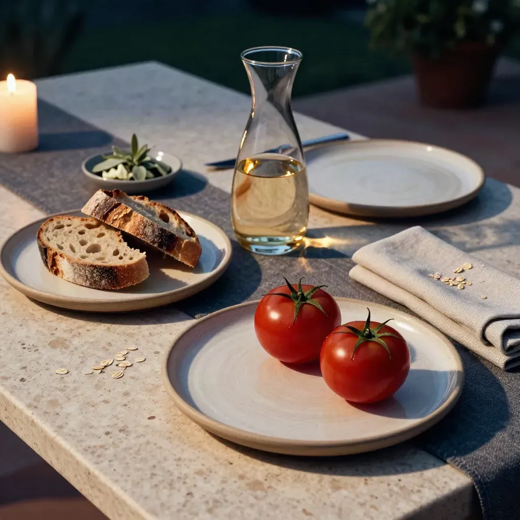 Tavola in villa con piatti in ceramica, pane, pomodori, caraffa e tovagliolo in lino