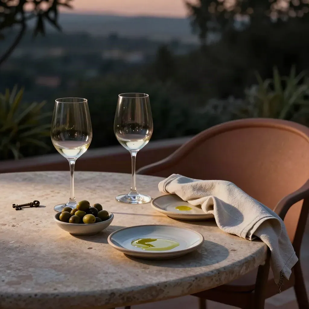 Aperitivo al tramonto su terrazza con bicchieri, olive e piatti in ceramica accanto a una sedia ombreggiata.