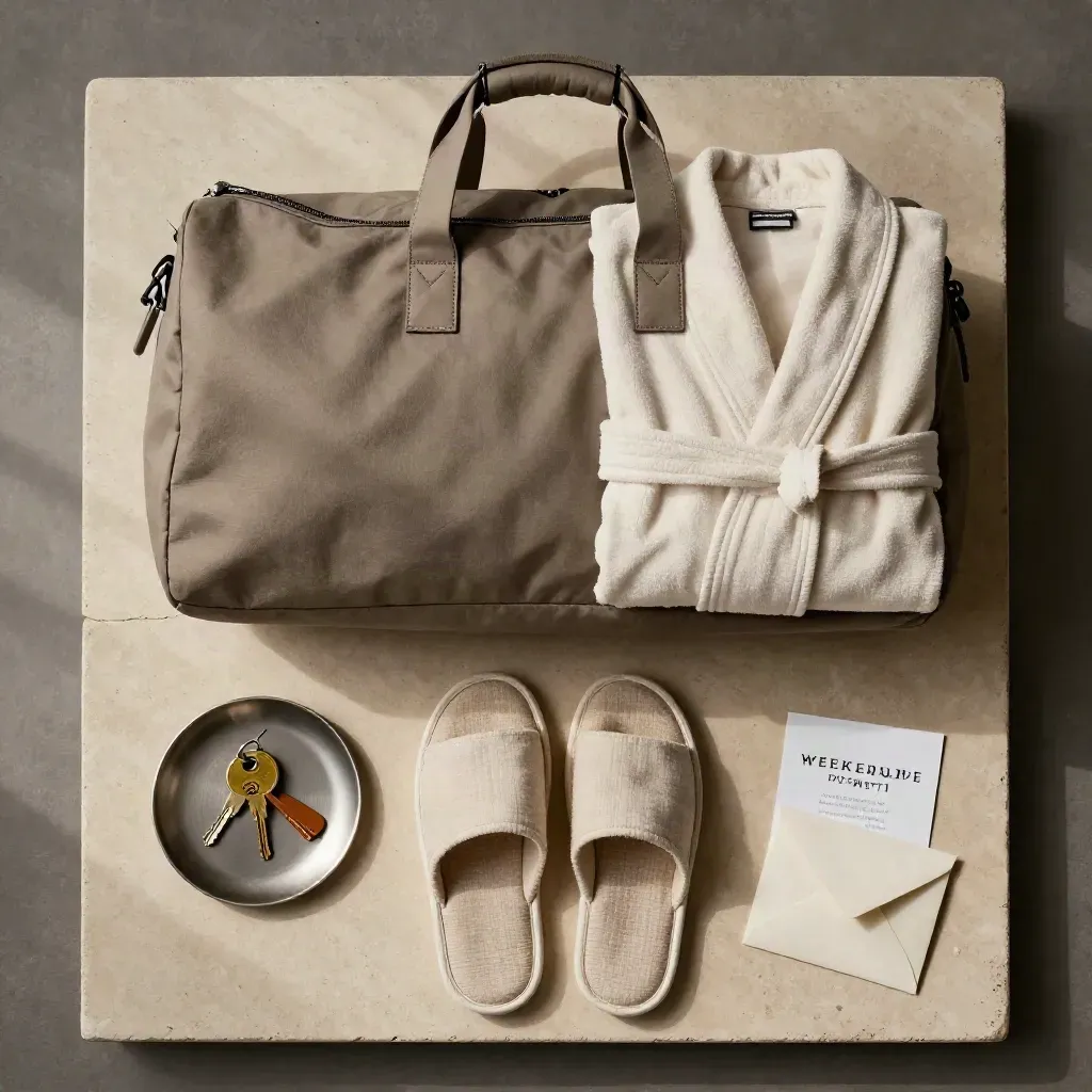 Flatlay dall’alto con borsa weekend, accappatoio, pantofole, chiave e card colazione.