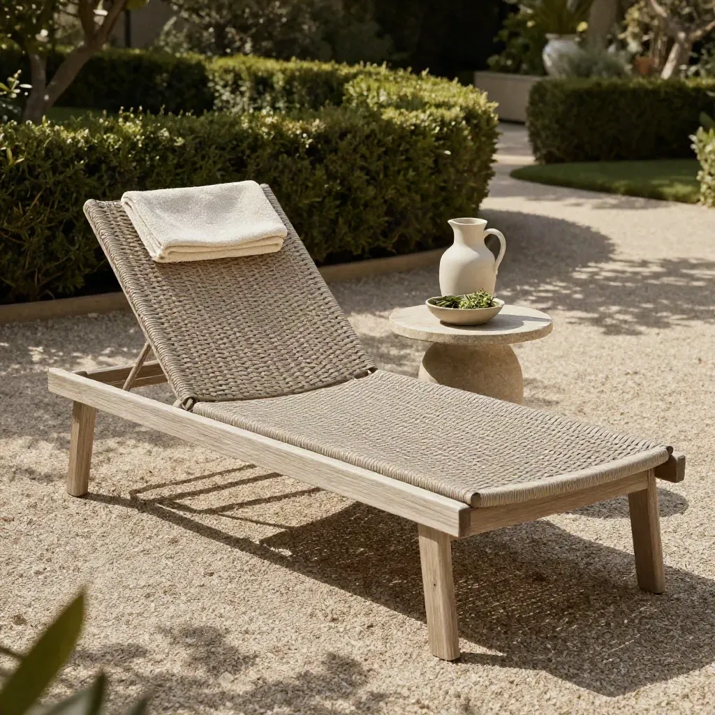 Sdraia da giardino con asciugamano piegato e tavolino, tra siepi e ghiaia in luce morbida.