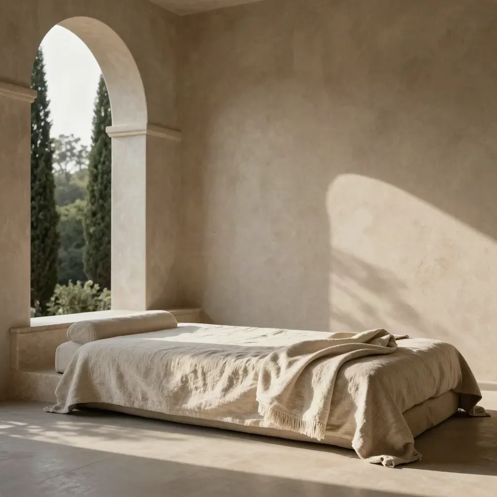 Loggia luminosa con daybed in lino, cipressi tra archi e intonaco materico.
