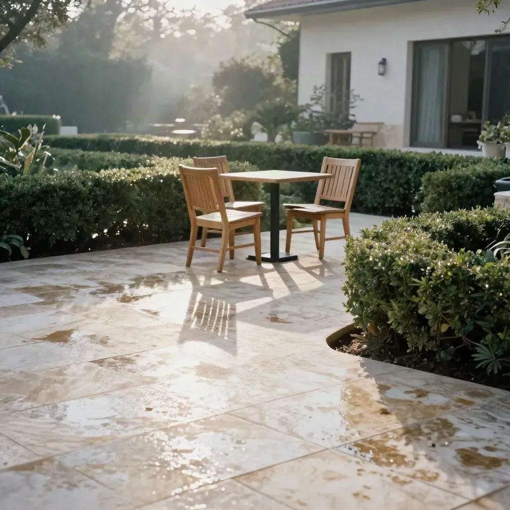 Cortile in travertino bagnato con sedie in legno e siepi al sole del mattino.